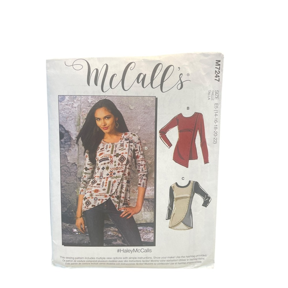 McCall's M7247 Sewing Pattern Misses Size 14-22 Asymmetrical Hem Tunic Tops
